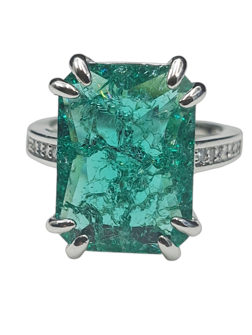 Emerald Green Cushion Cocktail Ring - Silver Tone - Picture 2 of 7